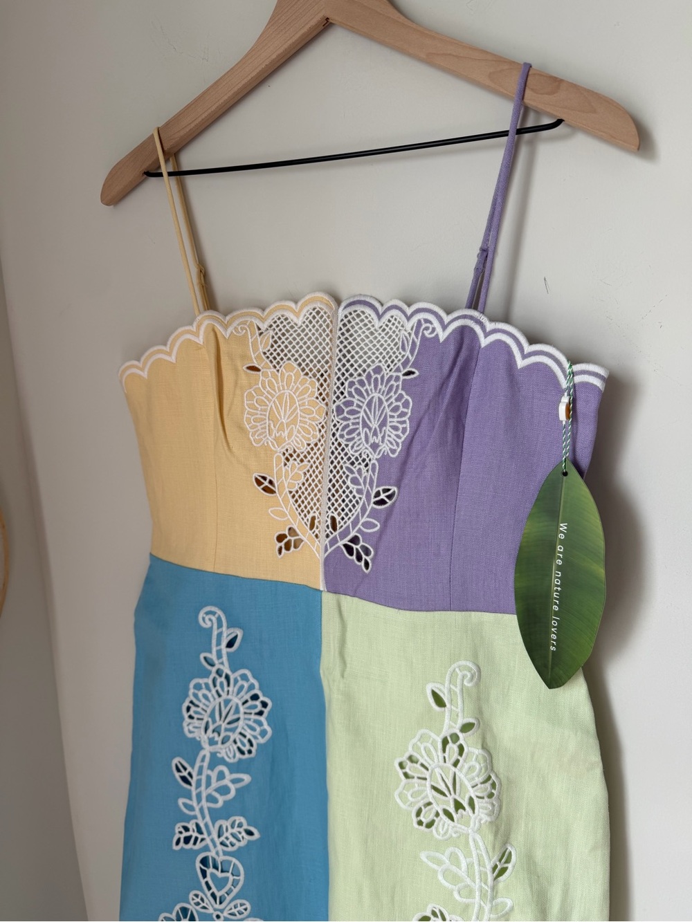 FARM Rio eyelet embroidered Colorblock blue green purple peach linen Midi Dress - Picture 7 of 14